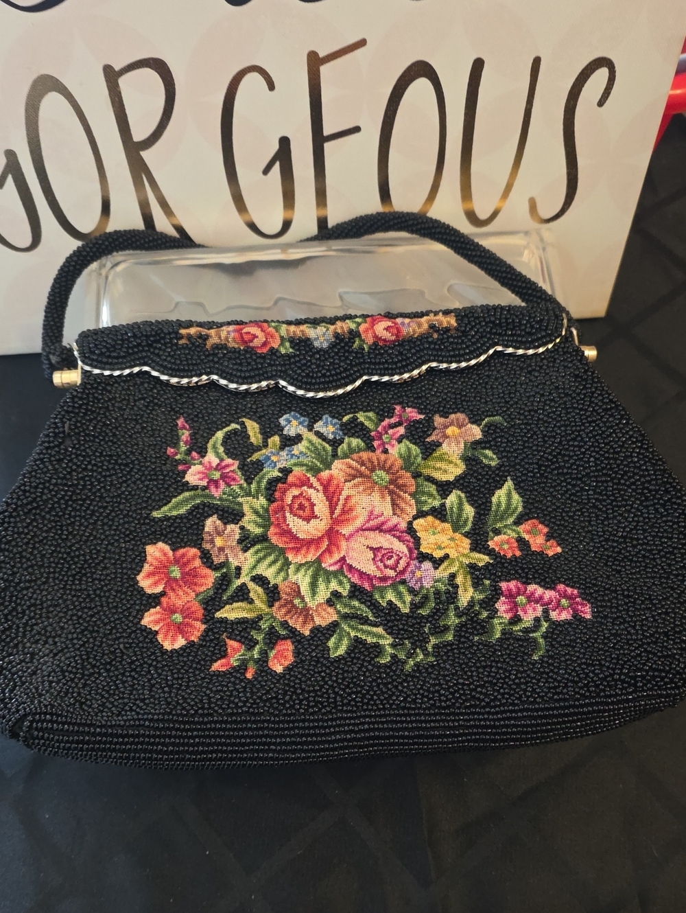 Black Beaded Floral Embroidered Handbag Vintage